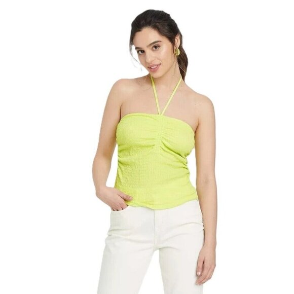 A New Day Women's Large 12/14 Lime Green Slim Fit Textured & Ruched Halter Top - Picture 1 of 6